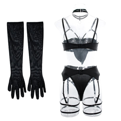 sexy lingerie set Bow bra Black Temptation Bra Set Belt Hollowed Out Gathering Four Piece underwear women Set Erotic Sleepwear