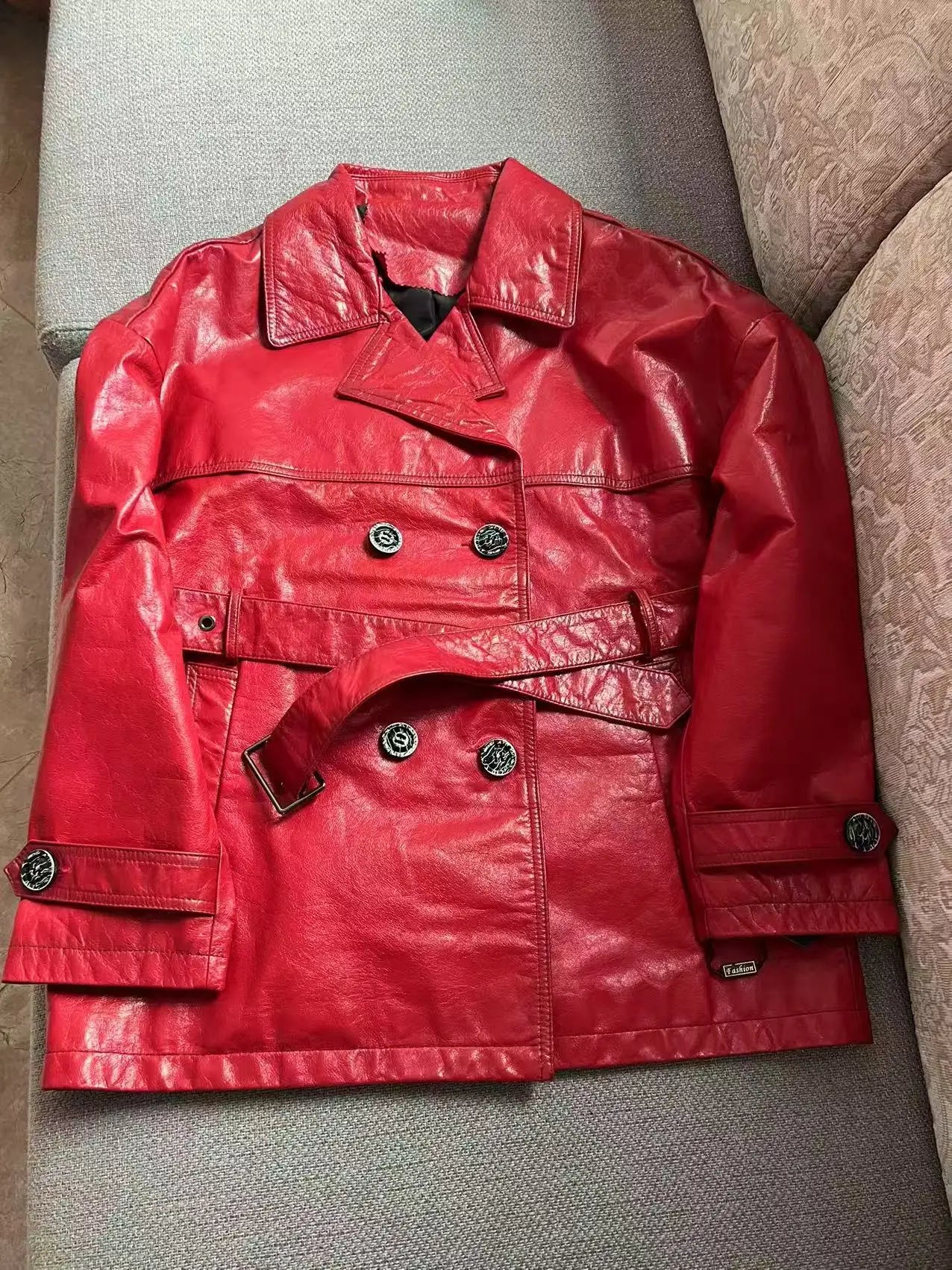 Roupas Femininas Autumn Women Suit Collar Lace-up Waist Oil Wax Sheepskin Gabardina Mujer Vintage Red Short Leather Trench Coat