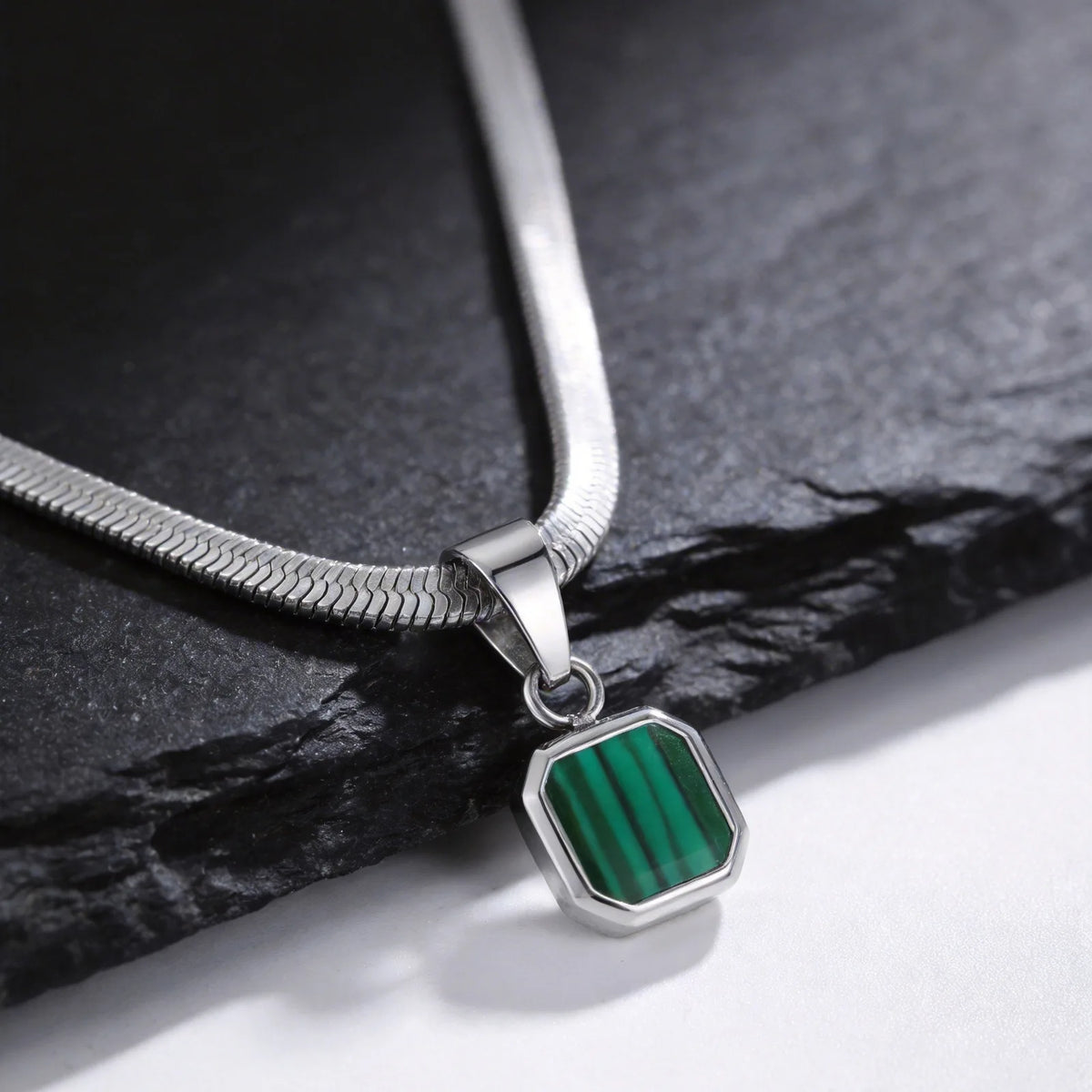 Vnox Geometric Square Natural Stone Pendant Necklace for Men, Gold Silver Color Stainless Steel Blade Chain, Trendy Jewelry Gift