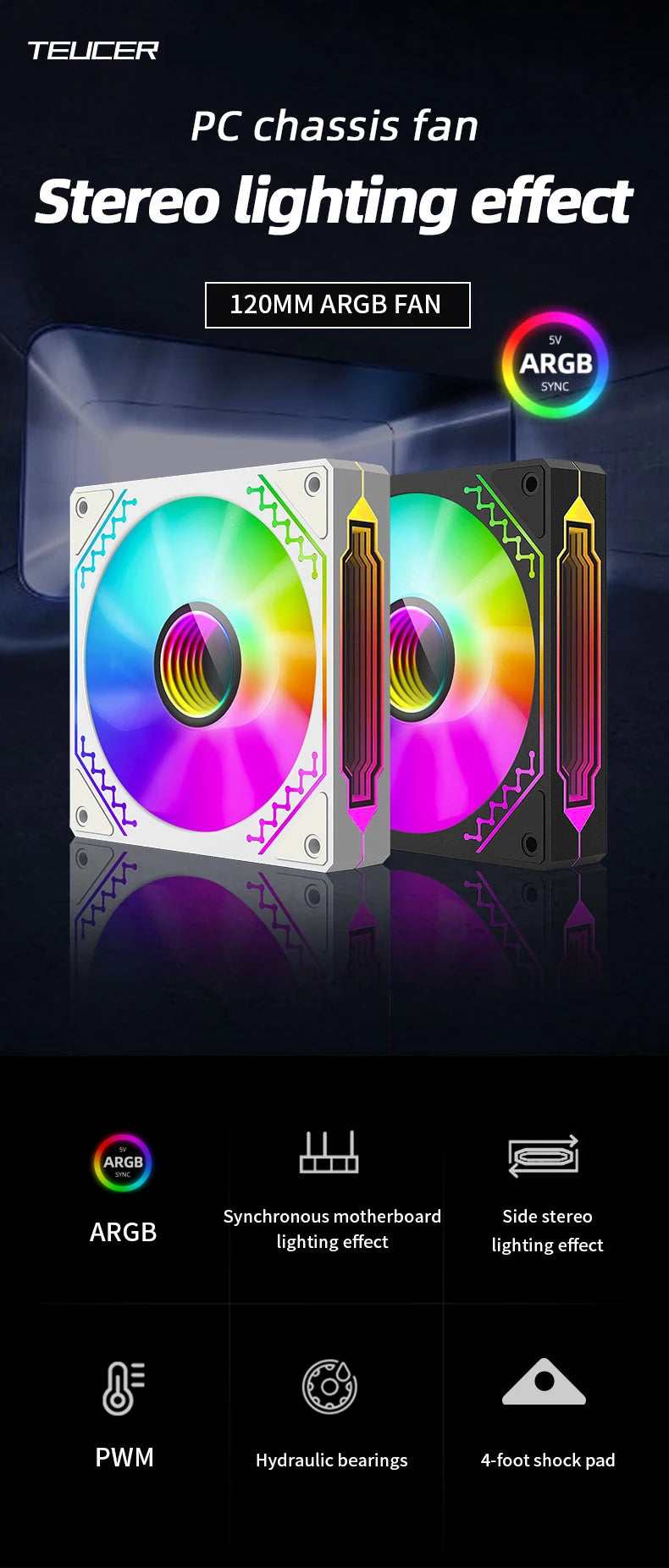 TEUCER 1PCS Prism12025 PC Case Fan 120mm 5V 3Pin ARGB Cyclic Mirror Light Effect PWM 800 to 2000RPM Cooling Fan