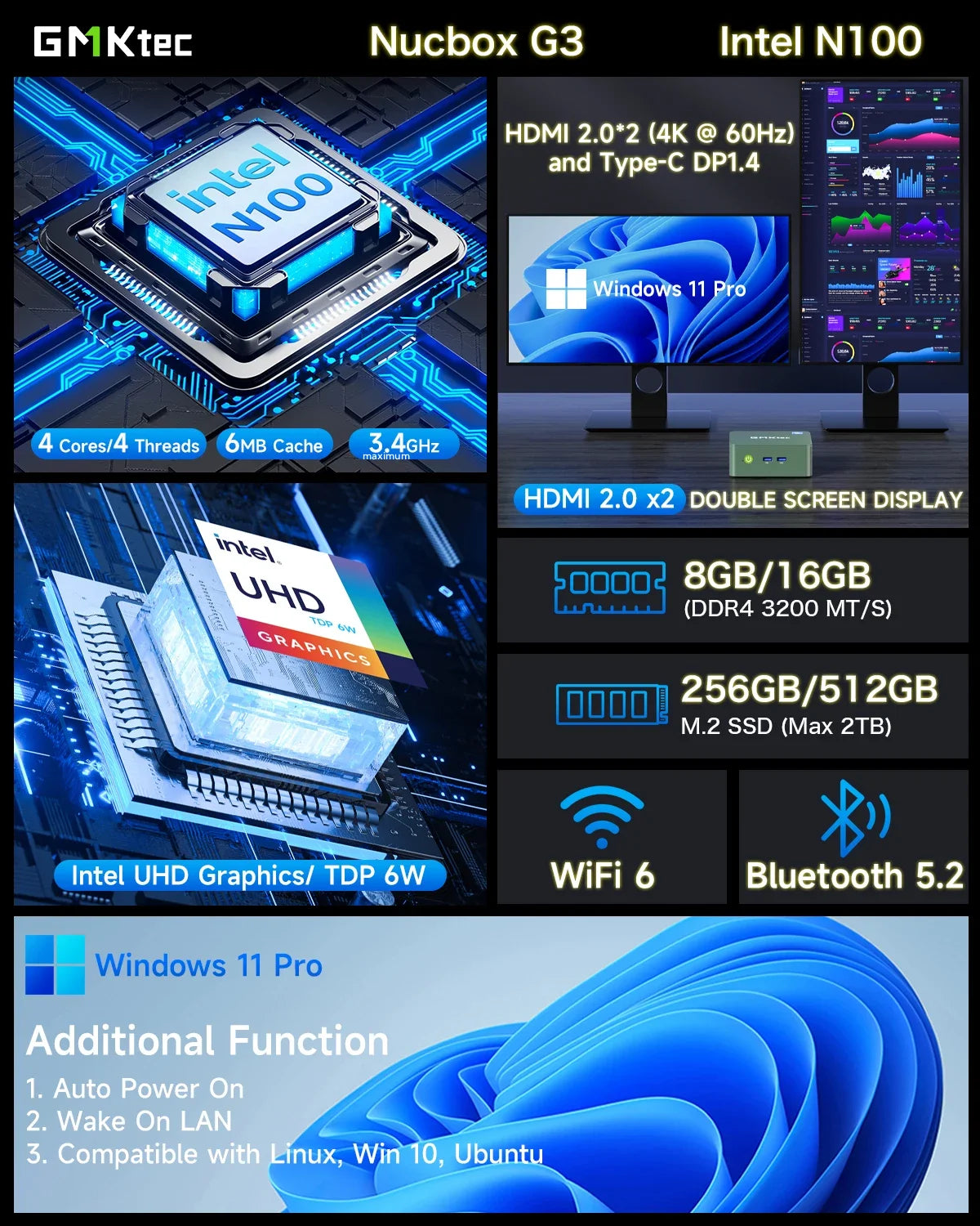 GMKtec G3 Mini PC Intel Alder Lake N100 Windows 11 Pro Desktop Computer 8/16GB RAM 256/512GB PCIe M.2 SSD WiFi 6 BT5.2 Mini PC