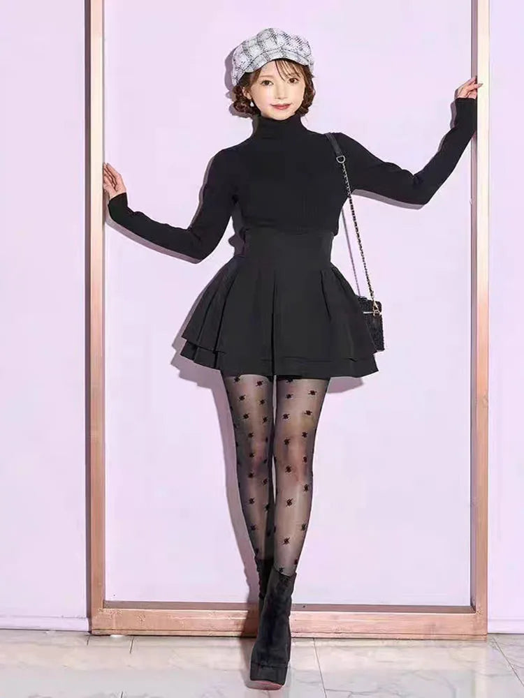 Japanese Style Lolita Black Skirts Women Spring Autumn New Elastic Waistline Slim Short Pleated Female Mini Culottes Cute Girl