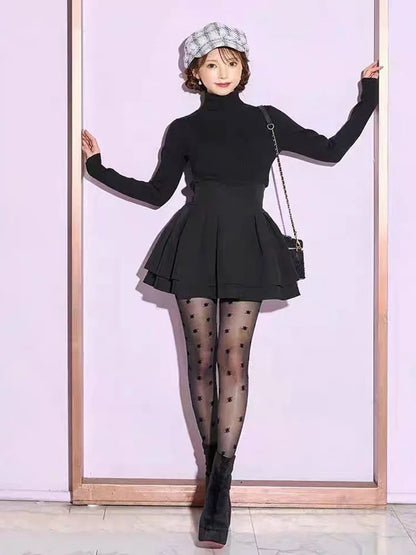 Japanese Style Lolita Black Skirts Women Spring Autumn New Elastic Waistline Slim Short Pleated Female Mini Culottes Cute Girl