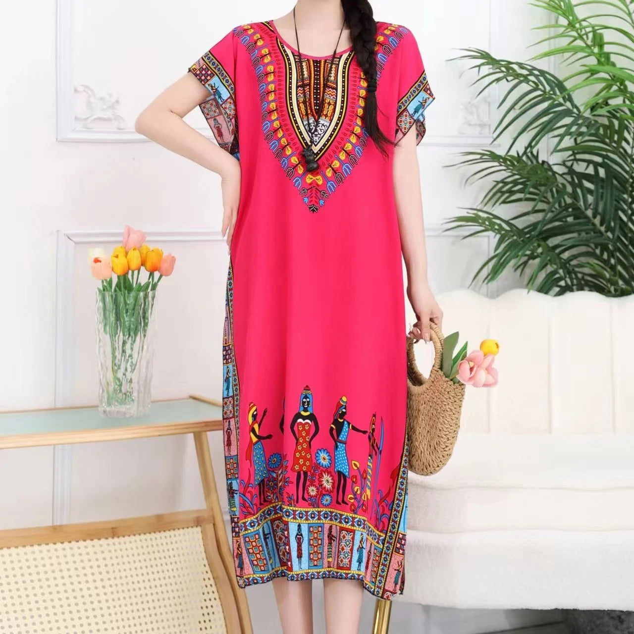 Casual Elegant Bohemian Printed Ethnic Style Retro Floral Woman Summer Street Wear Batwing Sleeve Loose Tunic Maternity Dress