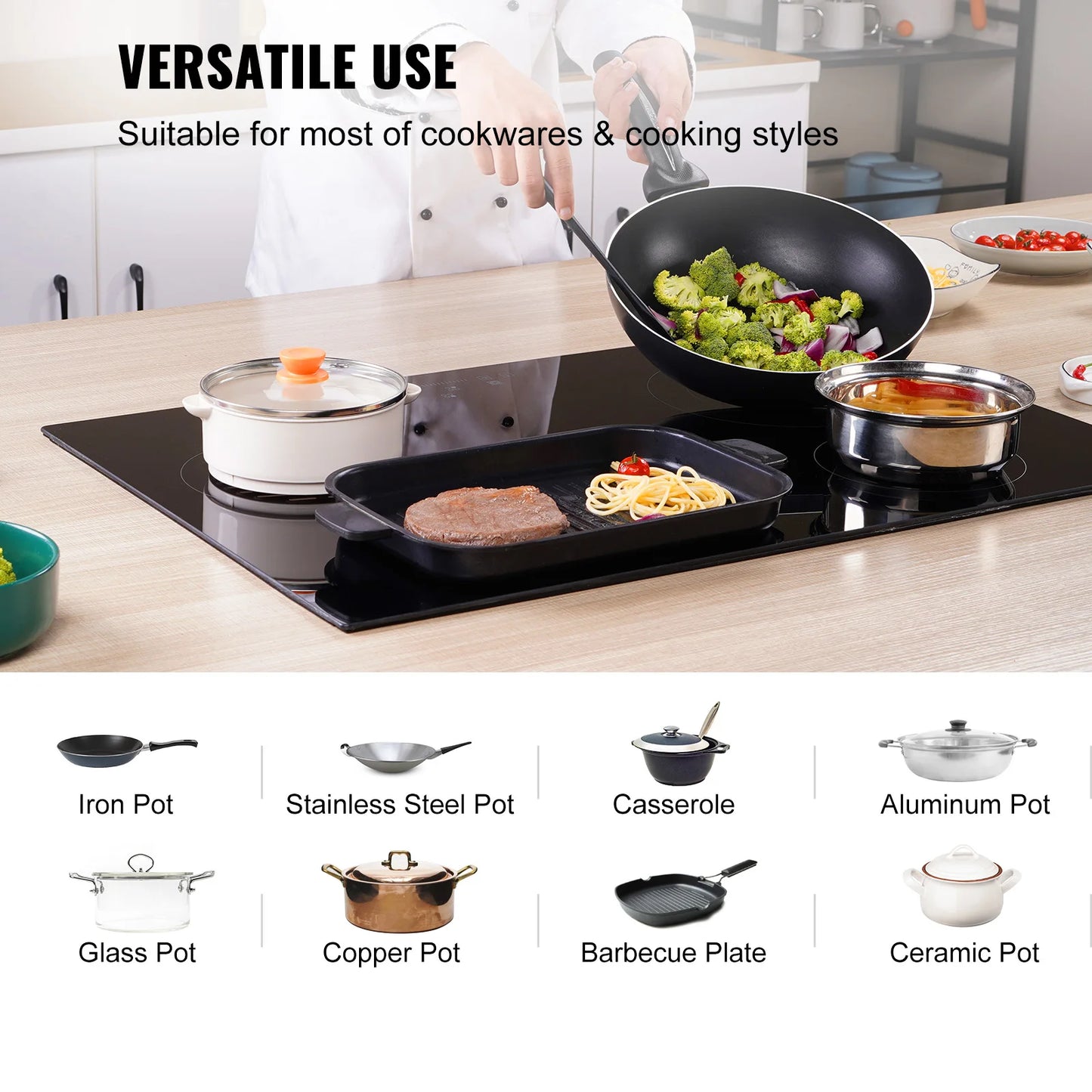 SucceBuy 2/4/5 Burners Built-in Induction Stove Top 12/24/30in Ceramic Glass Electric Cooktop For Household Commercial  Cooking