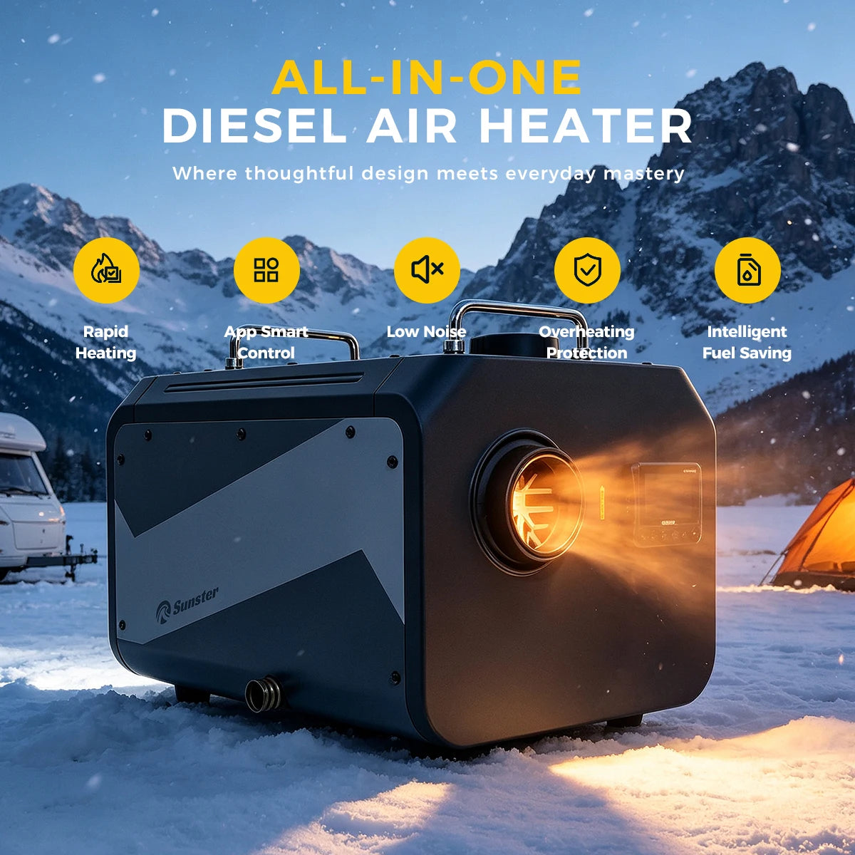 9KW Diesel Air Heater 12V/24V DC 110‑240V AC WiFi Bluetooth APP LCD Remote CO Monitor Altitude Mode For RV Truck Garage Camper