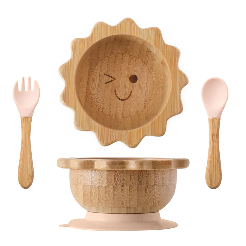 Baby Wooden Tableware Set Wooden Handle Fork Spoon Could Bamboo Wooden Plate Bowl Silicone Suction for Children Feeding Supplies