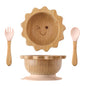 Baby Wooden Tableware Set Wooden Handle Fork Spoon Could Bamboo Wooden Plate Bowl Silicone Suction for Children Feeding Supplies