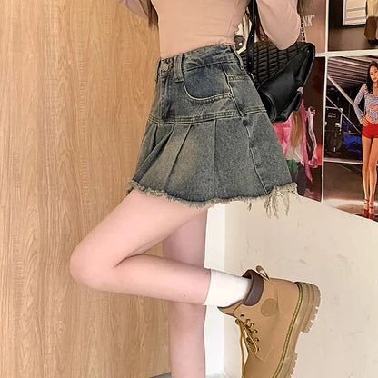Summer Women Y2k High Waist Mini Skirts Girls Korean A Line Denim Pleated Dress Female Fashion Punk Blue Harajuku Jeans Skirts