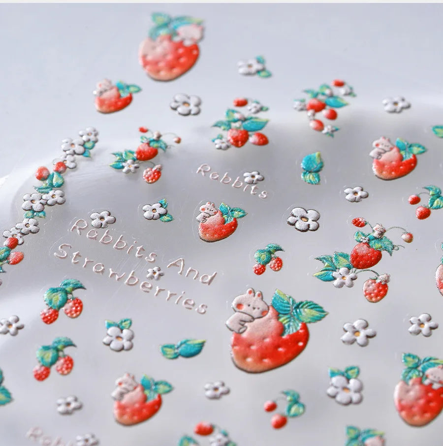 Lovely Red Fruit Strawberry Cherry Bowknot Love Heart Star Silk Ribbon 5D Nail Art Stickers Chic Self Adhesive Manicure Decal