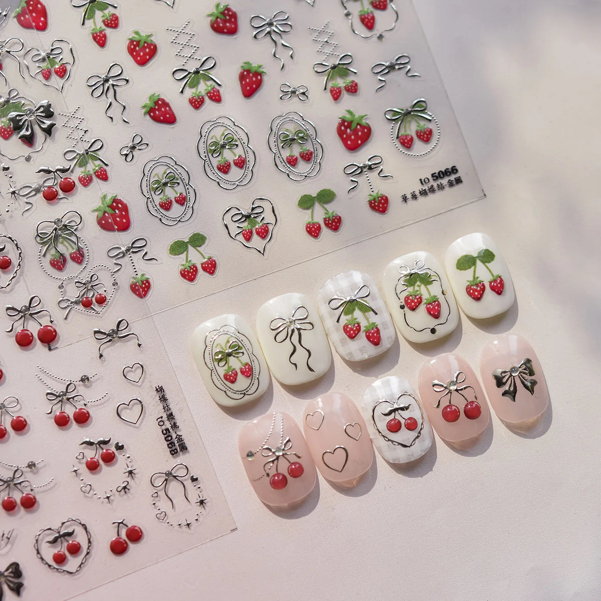 Lovely Red Fruit Strawberry Cherry Bowknot Love Heart Star Silk Ribbon 5D Nail Art Stickers Chic Self Adhesive Manicure Decal