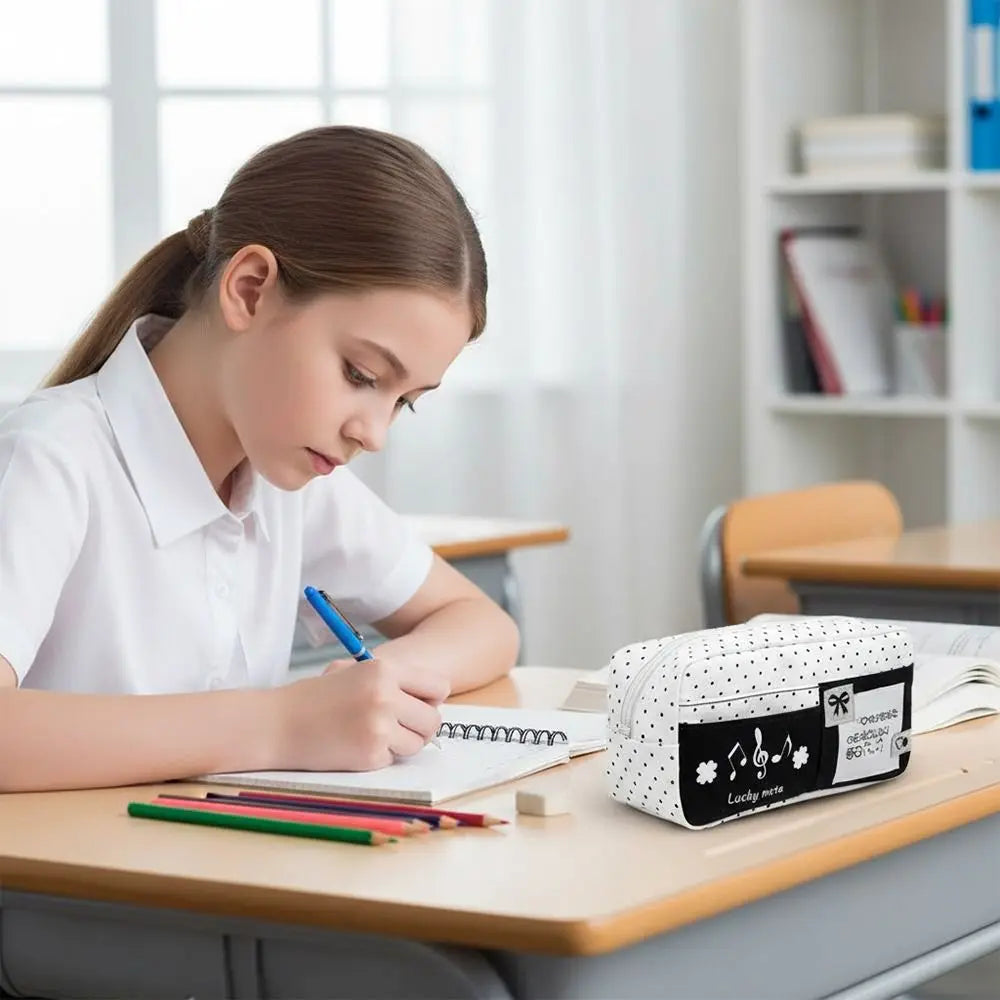 Multi-functional Black Polka Dot Pen Bag Large Capacity Multi-layer Pencil Case Portable Stationery Pouch Back To School