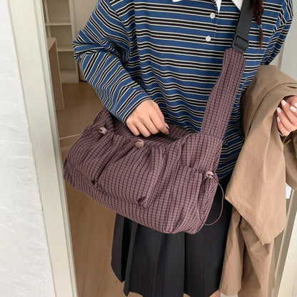 Korean Nylon Shoulder Bag Fashion Simple Plaid Zipper Tote Bag Drawstring Pleated Cloud Bag New Commuter Crossbody Shoulder Bag