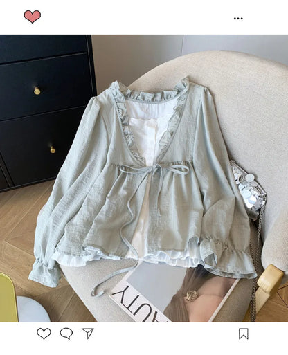 Korean Casual Sweet Fungus Lace Collar Women's Shirt Top Autumn New Women Fashion Fake Two-Piece Lace Up Long Sleeved Shirt