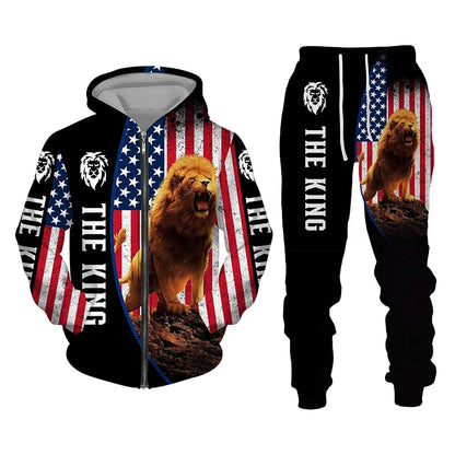 Spring and Autumn Men's Tracksuit 3D The Lion Print Zipper Hoodies Sweatshirts Pants Sets Casual Mens Clothing Women's Tracksuit