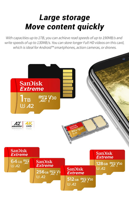 Sandisk Micro SD Card Extreme A2 A1 V30 SDXC Flash 32GB 64GB 128GB 256GB 512GB 1TB MicroSD Card 190MB/s TF Card for Phone Tablet