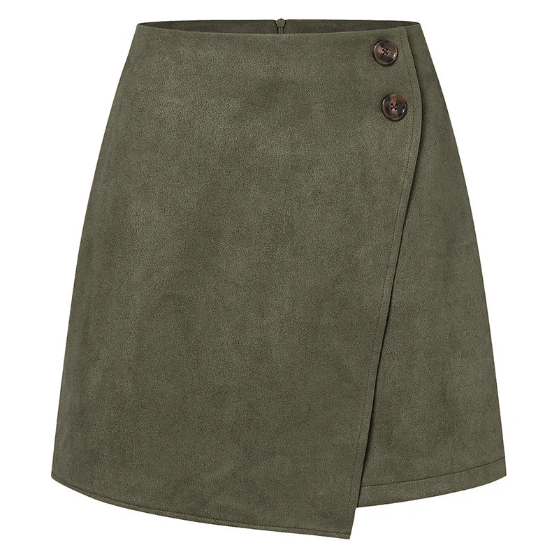 Chic Faux Suede Mini Skirts Women Design Irregular Button Skirts Woman Spring Autumn High Waist Zipper Up A-Line Skirt Ladies