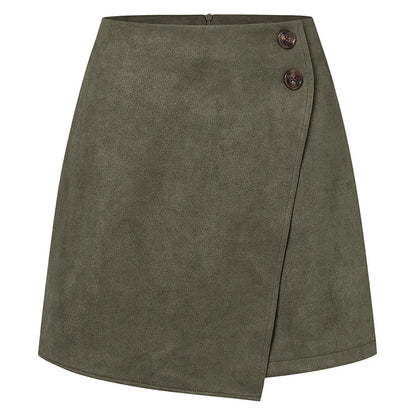 Chic Faux Suede Mini Skirts Women Design Irregular Button Skirts Woman Spring Autumn High Waist Zipper Up A-Line Skirt Ladies