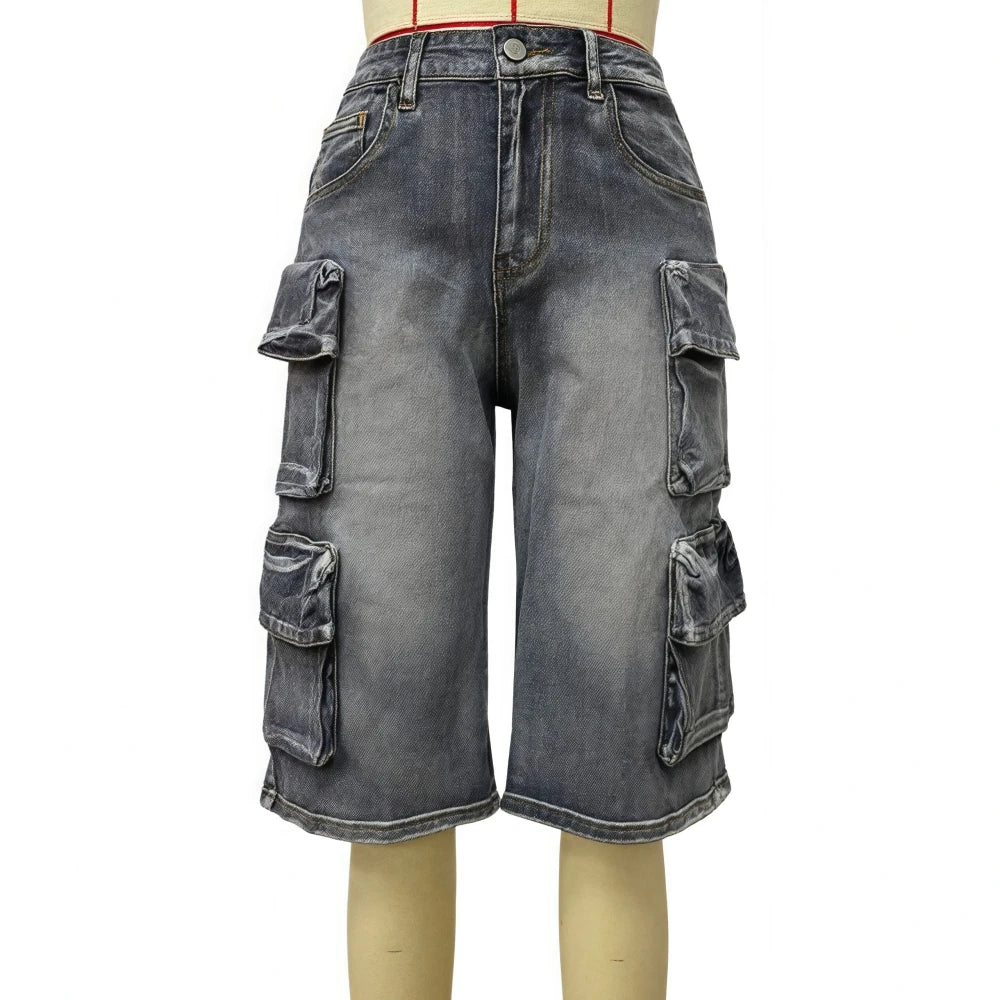 FAGADOER Fashion Straight Washed Denim Woman Solid Color Cargo Pants Patchwork Jeans Trousers Female Y2k Streetwear Bottoms New