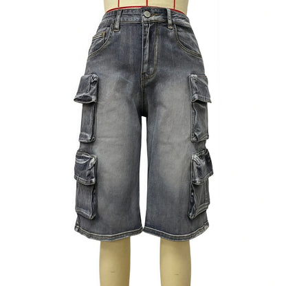 FAGADOER Fashion Straight Washed Denim Woman Solid Color Cargo Pants Patchwork Jeans Trousers Female Y2k Streetwear Bottoms New