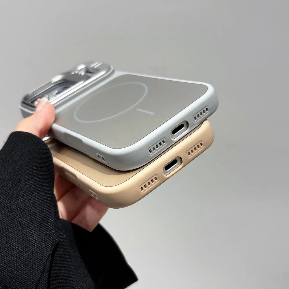 Alloy Lens Camera Holder Cases For iPhone 17 16 15 14 13 12 11 Pro Max For Magsafe  Magnetic Stand Hard PC Wireless Charge Cover