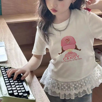 Childrens clothing baby girls summer casual lace t-shirt 2025 short sleeved Lace splicing new white tops 3-12 kids clothes