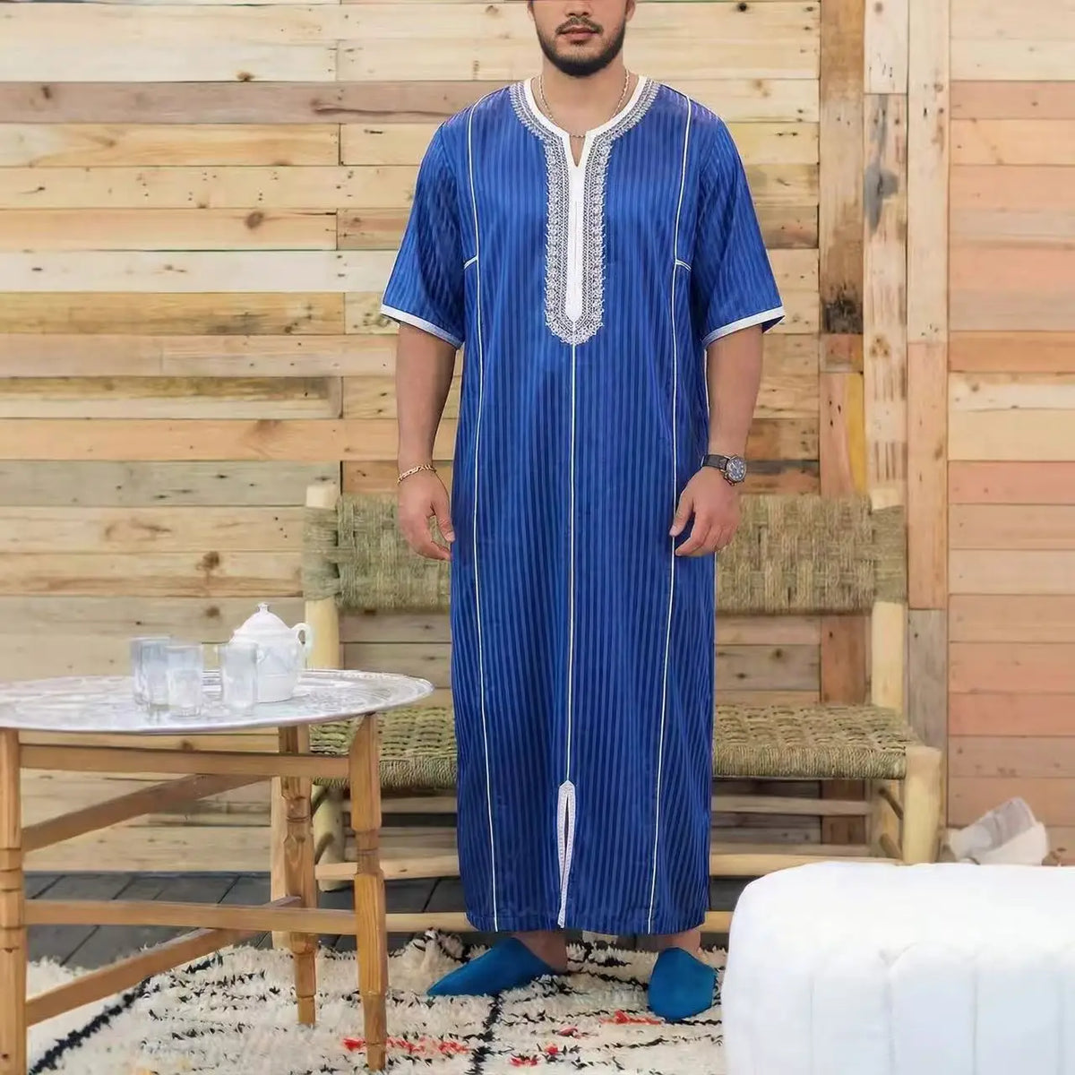 Muslim Men's Morocco Gandoura Thobe Loose Short Sleeves Gorgeous Embroidery Comfortable Islamic Men's Traditional Clothing Party