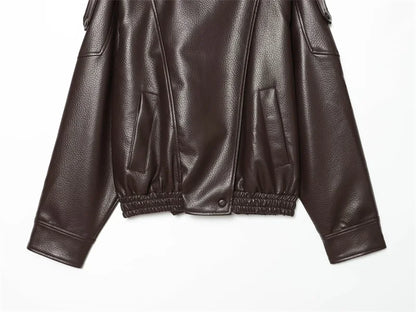 Women's Faux Leather Jacket 2025 New Fashion Autumn Black Long Sleeve Pebble Jacket Motorcycle Style Personality Ladies Jacket