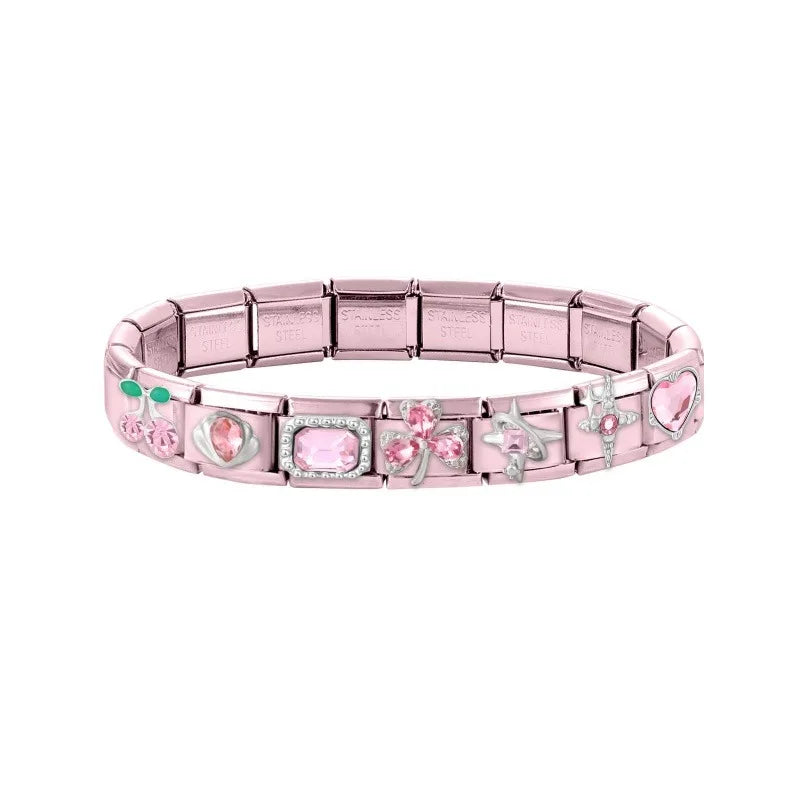 2025 New Women Romantic Pink Cherry Heart Shiny CZ Italian Charm Links Fit 9mm Bracelet Stainless Steel DIY Making Jewelry Gifts