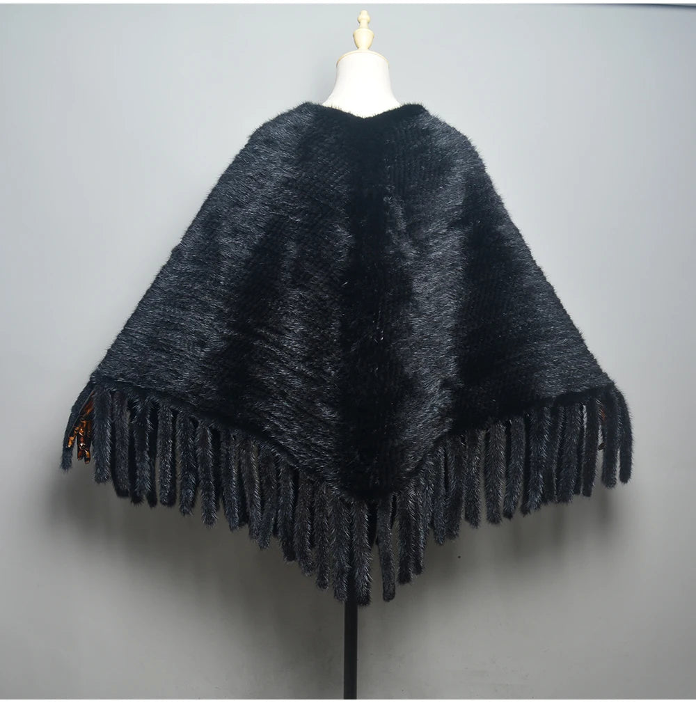 Fashion Women Fur Shawl Winter Knitted Real Mink Fur Stole With Fur Hood Knitted Mink Poncho Pashmina