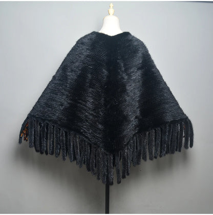 Fashion Women Fur Shawl Winter Knitted Real Mink Fur Stole With Fur Hood Knitted Mink Poncho Pashmina