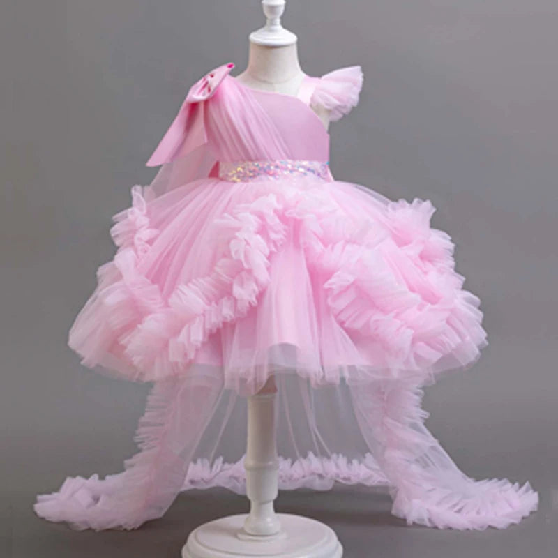 New sequined one shoulder trailing dress flower girl wedding dress lace chiffon princess dress graduation party evening dress