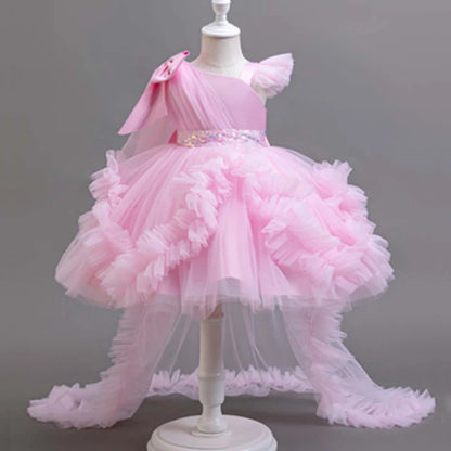 New sequined one shoulder trailing dress flower girl wedding dress lace chiffon princess dress graduation party evening dress