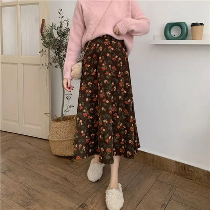 Women Floral Corduroy Midi Skirt High Waist A Line Printed Swing Long Skirt For Spring Autumn