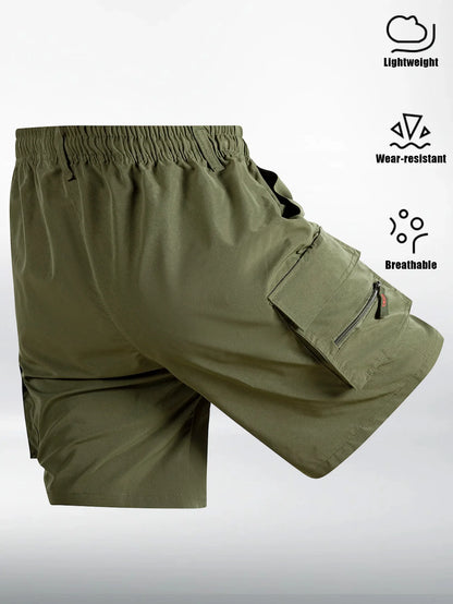 Men's Straight Cargo Shorts Lightweight Breathable Solid Color Drawstring Waist with Zipper Pockets Casual Summer Short Pants