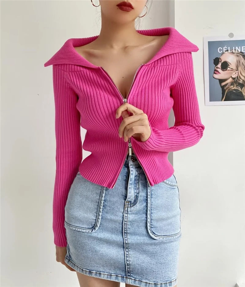 LUNDUNSHIJIA 2026 New Autumn Women Elegant Thickened Zipper Sweaters For Women Rose Red Fashion Short Female Cardigan 4 Colors