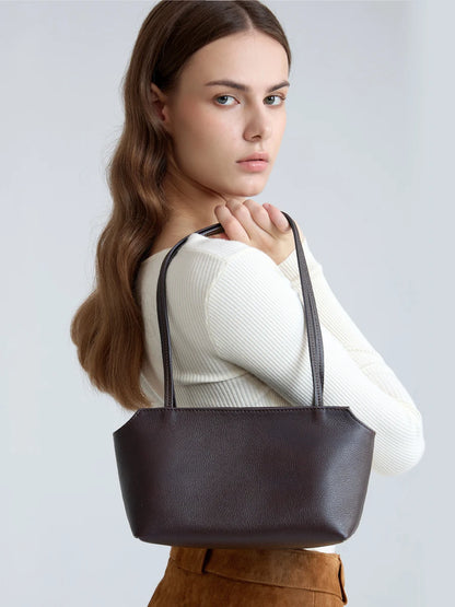 Luxury Women's Genuine Cowhide Leather Mini Shoulder Tote Bag Pebbled Leather Long Strap Underarm Handbag Minimalist Daily Purse