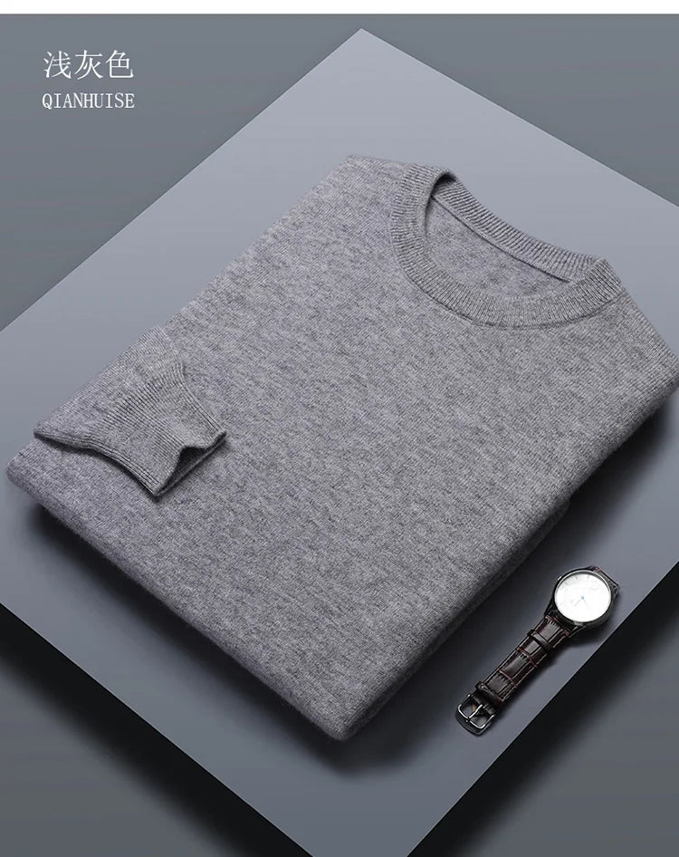 Classic Solid Color Men's O-neck Sweater Autumn Winter 100% Merino Wool Knitted Pullover Long Sleeve Warm Loose Casual Men Tops