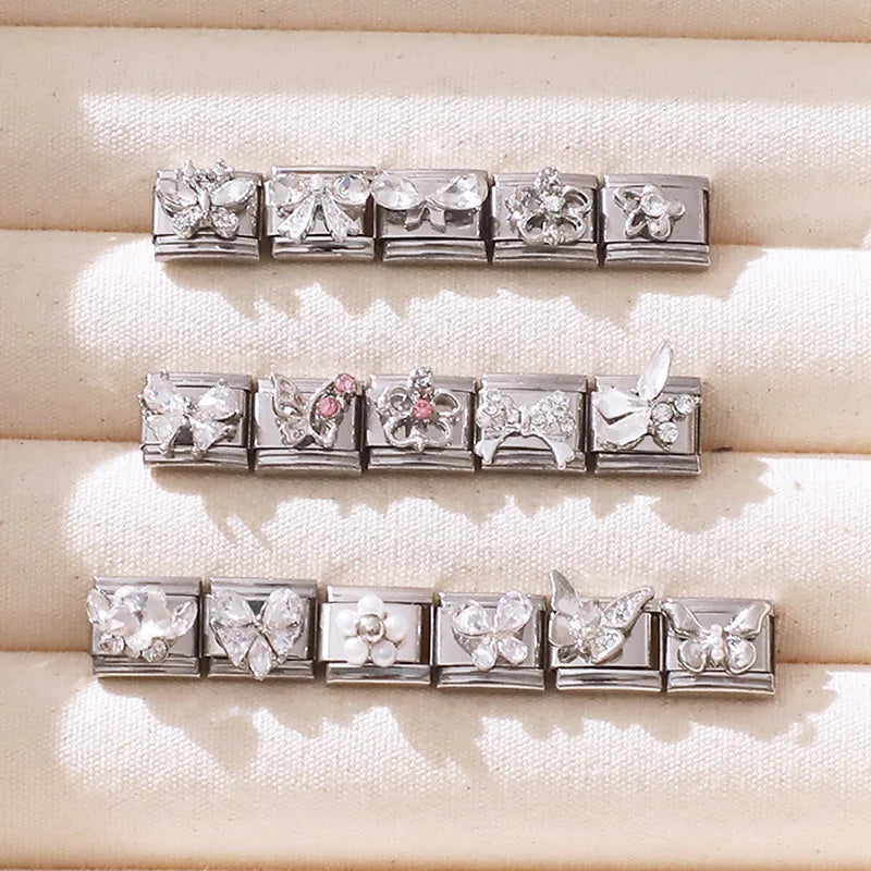 New Shiny Zircon Heart Butterfly Flower Star Bow Italian Charm Links Fit 9MM Stainless Steel Bracelet Girls' DIY Making Gift