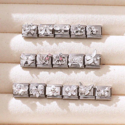 New Shiny Zircon Heart Butterfly Flower Star Bow Italian Charm Links Fit 9MM Stainless Steel Bracelet Girls' DIY Making Gift