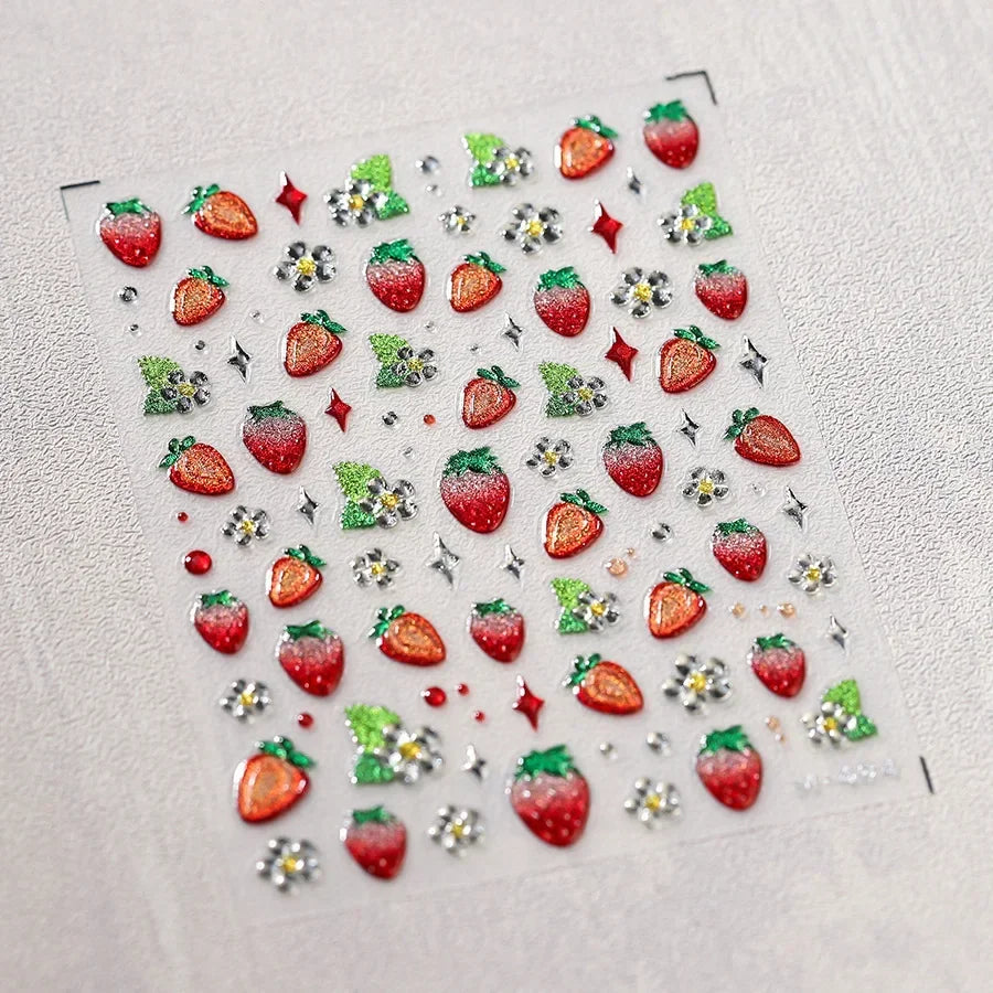 Lovely Red Fruit Strawberry Cherry Bowknot Love Heart Star Silk Ribbon 5D Nail Art Stickers Chic Self Adhesive Manicure Decal