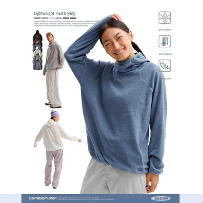 Unisex Lightweight Cloud Velvet Hooded Quick-Dry Shirt for Outdoor Sports: Classic Hood, Elastic Cuffs & Brand Logo Details