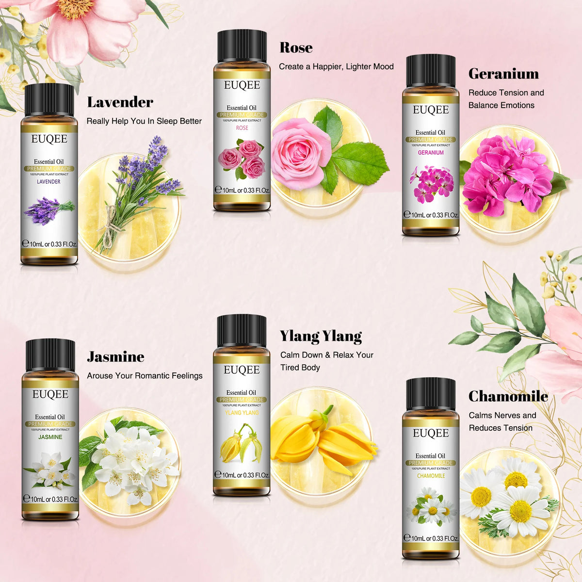 EUQEE Floral Essential Oils Set Of 6 Bottles For Diffuser,Candle Making-Rose Lavender Ylang Ylang Jasmine Geranium Chamomile
