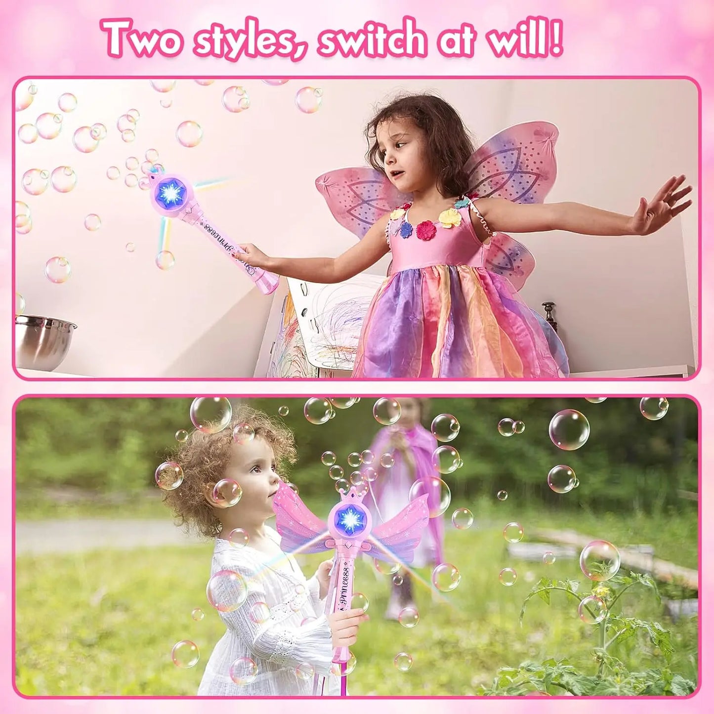 Children's Bubble Machine, Glowing Princess Bubble Stick, with Music and Detachable Wings, Outdoor Indoor Garden Party Toy