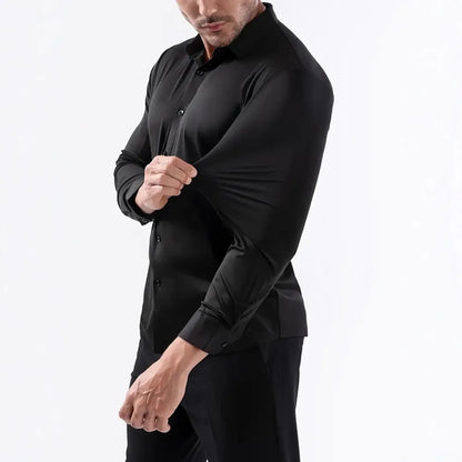 New Design Men's Solid Shirt Long Sleeve Autumn High Elasticity Casual Wrinkle Free No ironing Business Formal White Blue Social