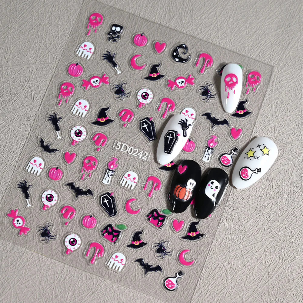 1sheet 5D Halloween Nail Stickers Pink/Green/Black Cartoon Pattern Nail Art Slider DIY For Sweet Cool Girl Cute Nail Decoration
