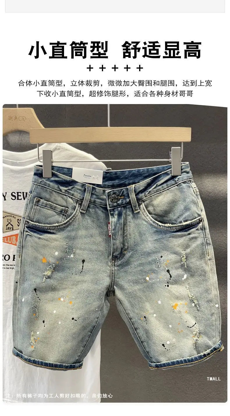Summer Trendy Brand Handsome Denim Shorts Men's Washed Embroidered Patch Trendy Short Pants Ripped Slim-fit Elastic Middle Pants