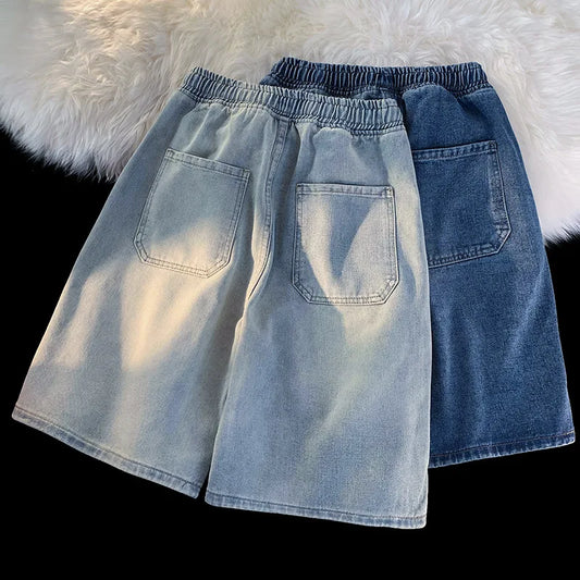 2025 New Korean Style Vintage Men's Jeans Summer Loose Male Wide Leg Knee Length Shorts New Washed Fashion Short Denim Pants ﻿