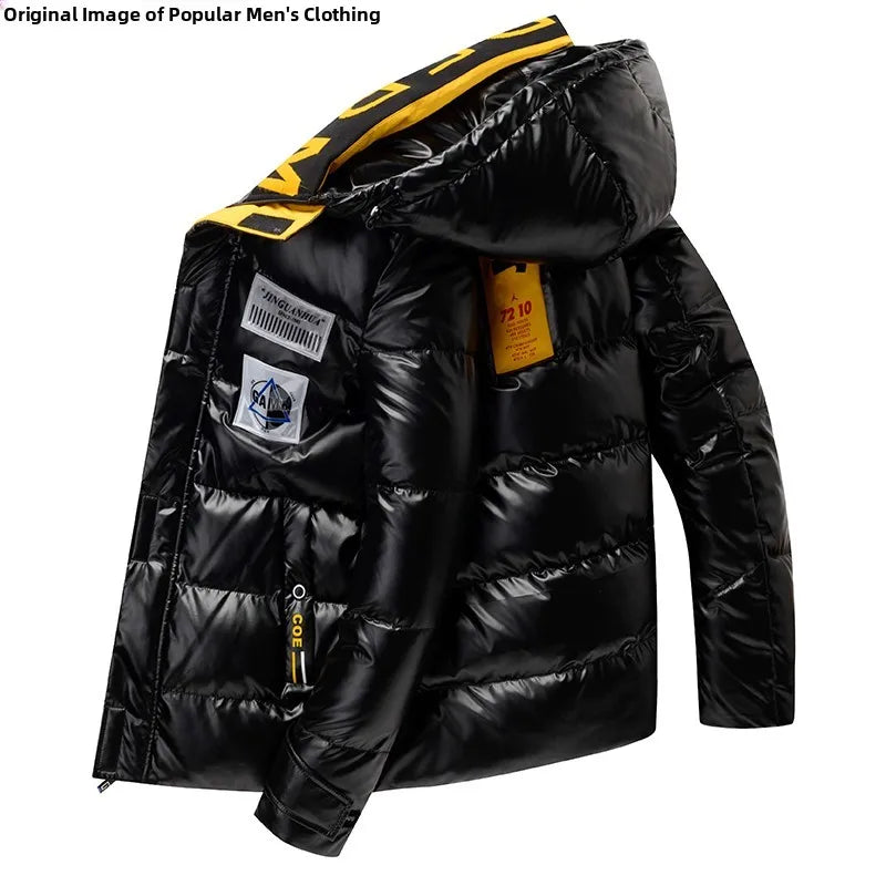 New Winter Men's down Jacket Thickened Short Bright Leather Fur Collar Warmth Anti-Cold Youth Short Stylish Polyester Fiber