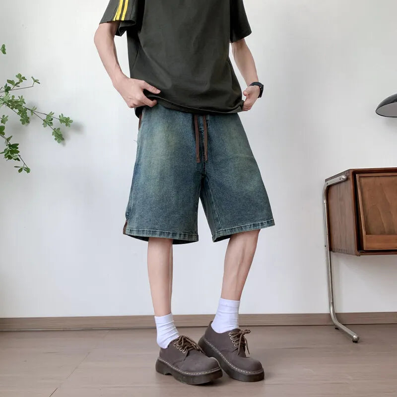 Mens Loose Fit Summer Denim Shorts Elastic Waist Washed Blue Side Personality Design Casual Comfortable Fashion Trendy Outdoor